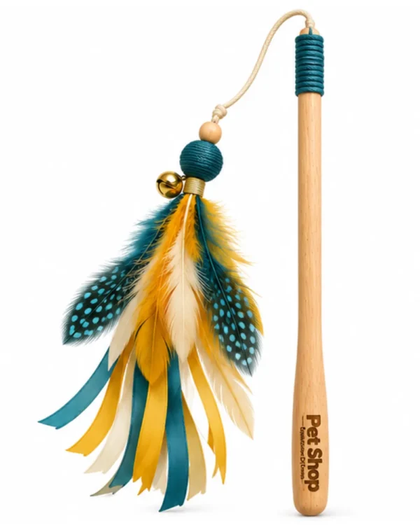Feather and ribbon cat teaser wand in teal, mustard and cream, front view with beechwood handle