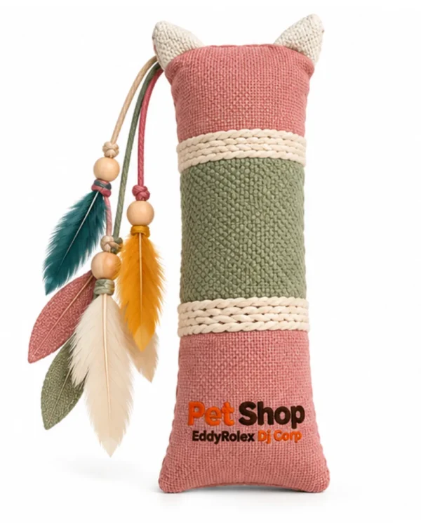Dusty rose and sage green cat kicker pillow, front view with embroidered logo and dangling feathers