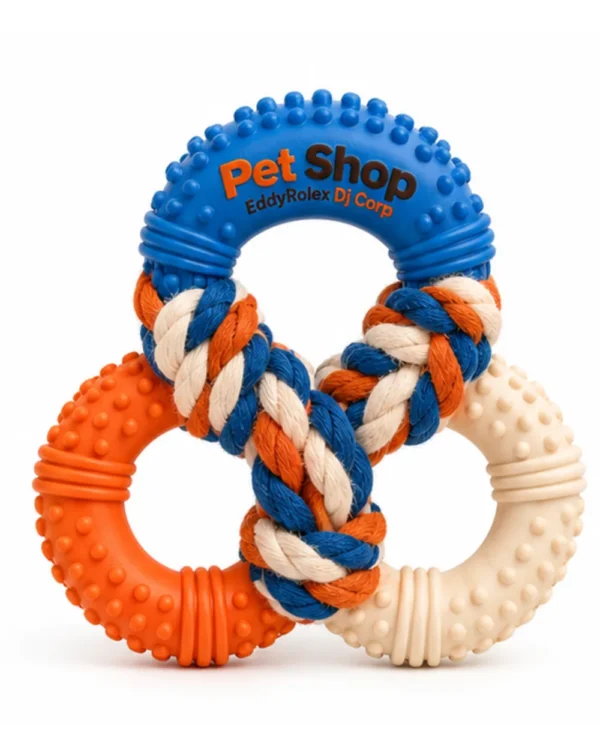 Tri-ring dog tug toy in cobalt blue, burnt orange and cream with braided rope, front view