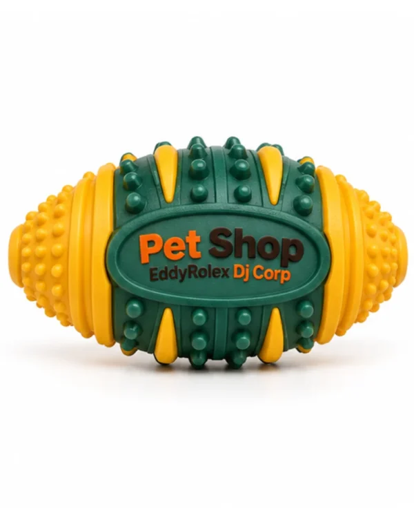 Rugby-shaped rubber dog chew toy in forest green and golden yellow, side view with molded logo