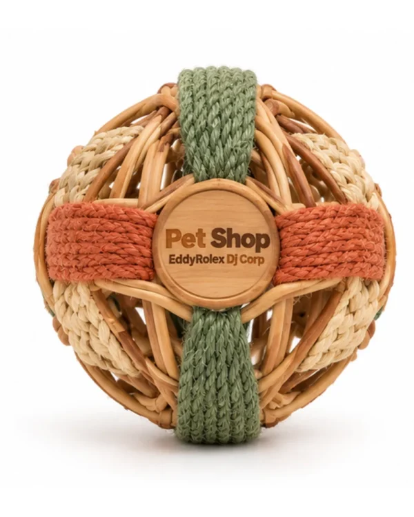 Woven willow rabbit activity ball with green and terracotta sisal bands, front view with logo disc