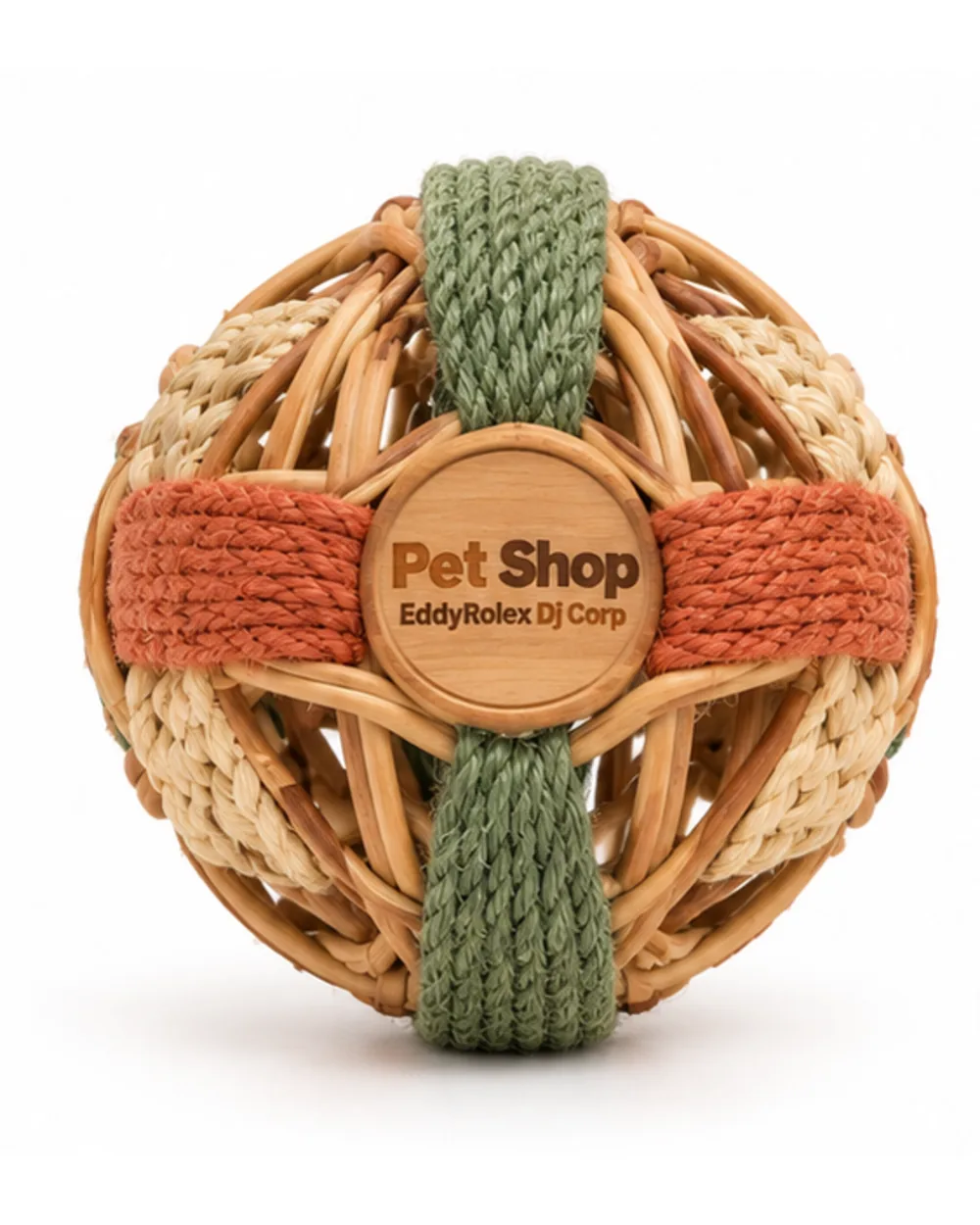 Woven willow rabbit activity ball with green and terracotta sisal bands, front view with logo disc