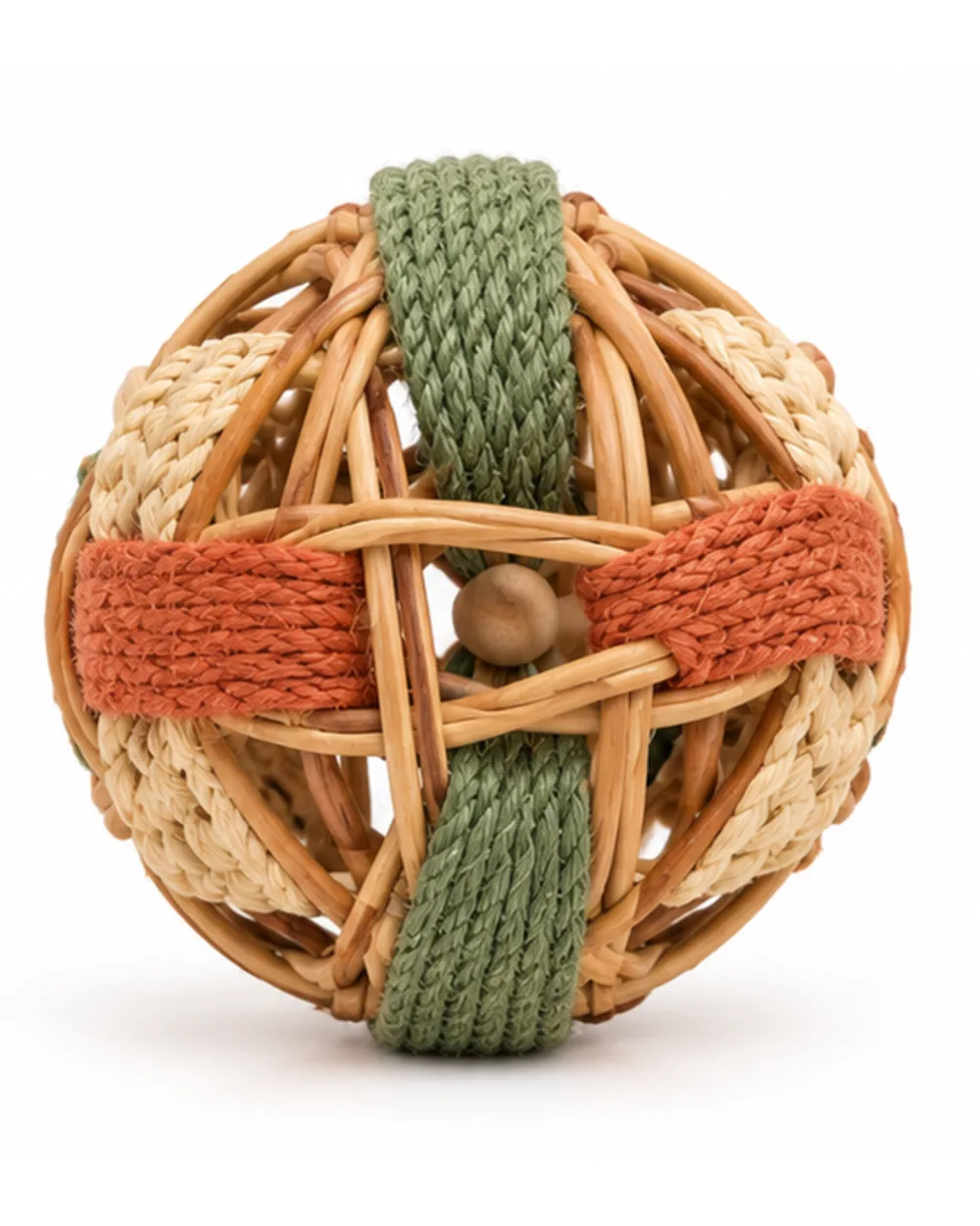 Woven willow activity ball back view showing the wooden bead inside