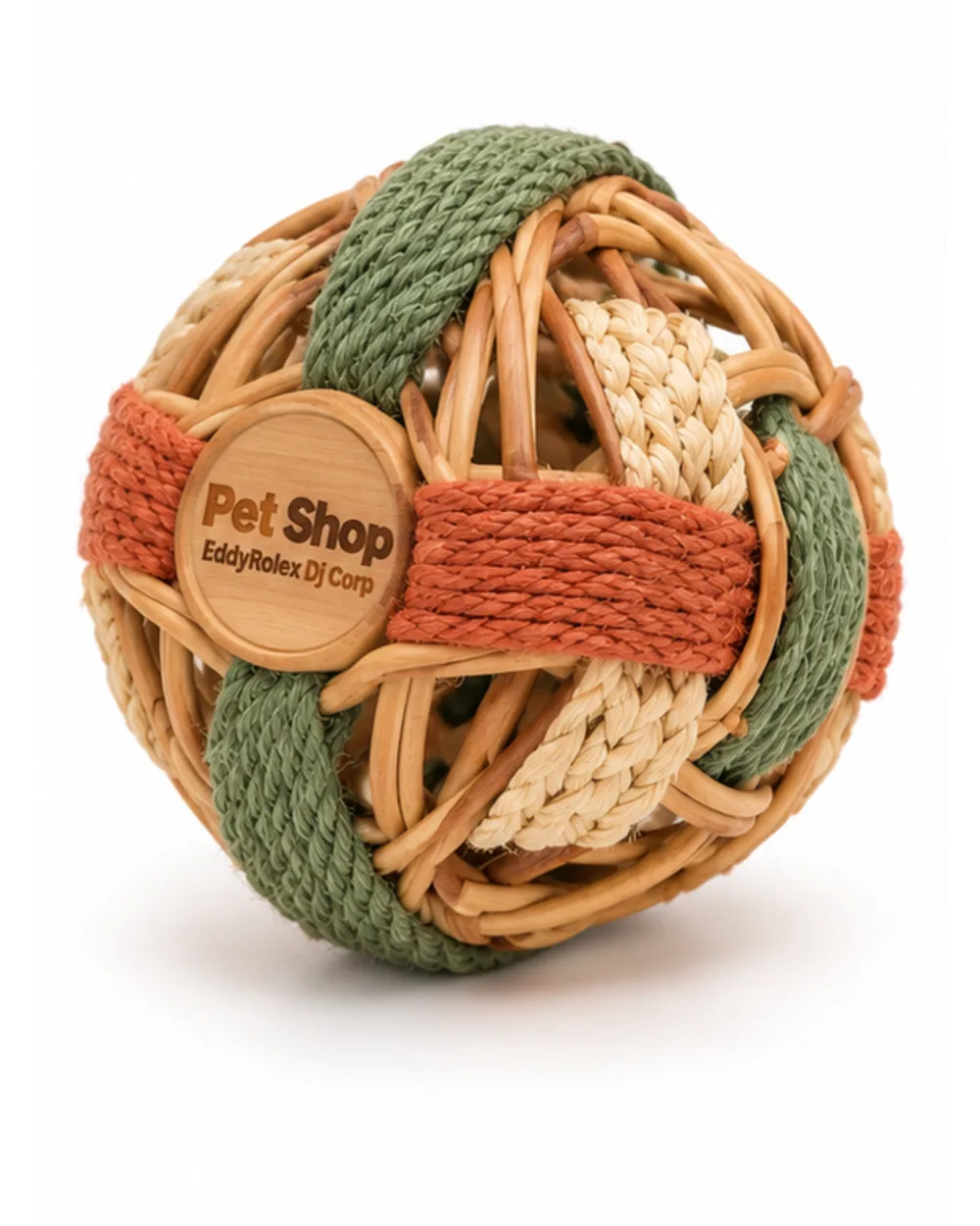 Woven willow activity ball at an angle with the engraved wooden disc