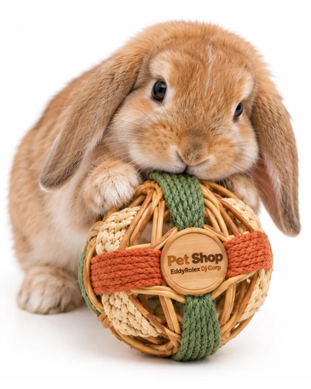Orange lop rabbit resting its chin and paws on the woven willow ball
