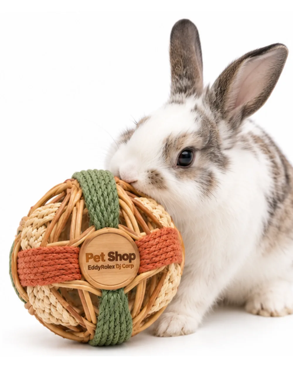 White and gray rabbit nibbling the woven willow activity ball