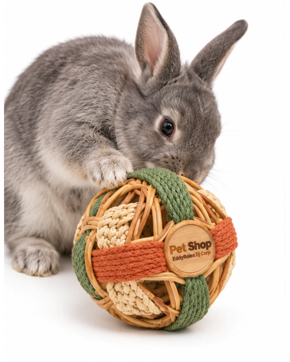 Gray rabbit pushing the woven willow ball with its front paw