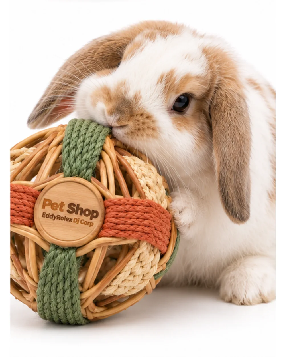 White and orange lop rabbit nibbling the top of the woven ball