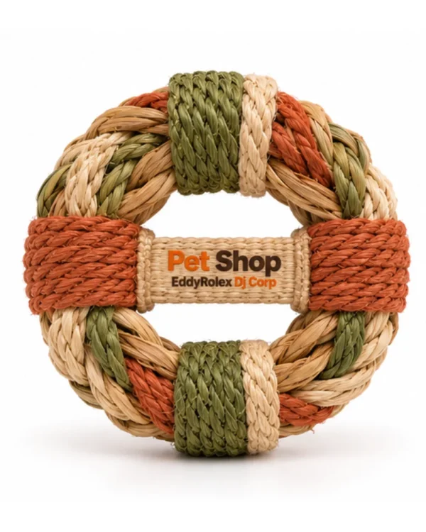 Braided seagrass rabbit toss ring in beige, olive and rust orange, front view with woven logo band