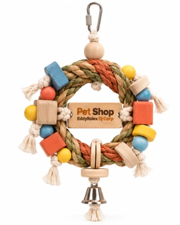 Hanging wooden bead and block bird toy in sky blue, coral and yellow, front view with logo block