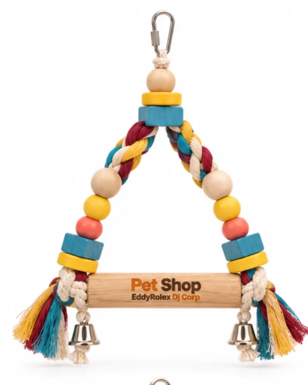Braided rope bird perch swing in turquoise, burgundy and mustard with engraved wooden crossbar