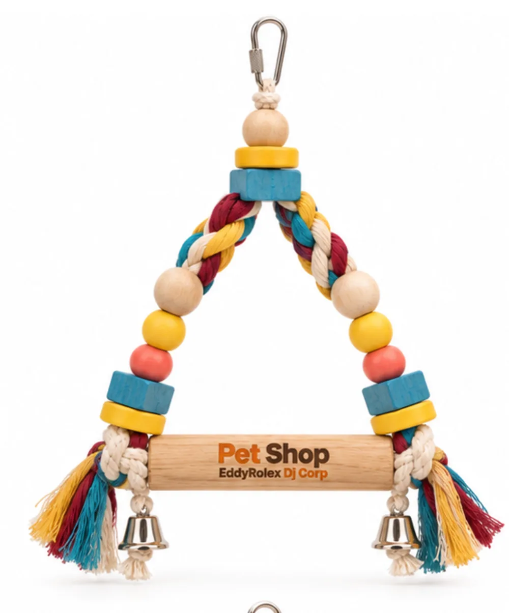 Braided rope bird perch swing in turquoise, burgundy and mustard with engraved wooden crossbar