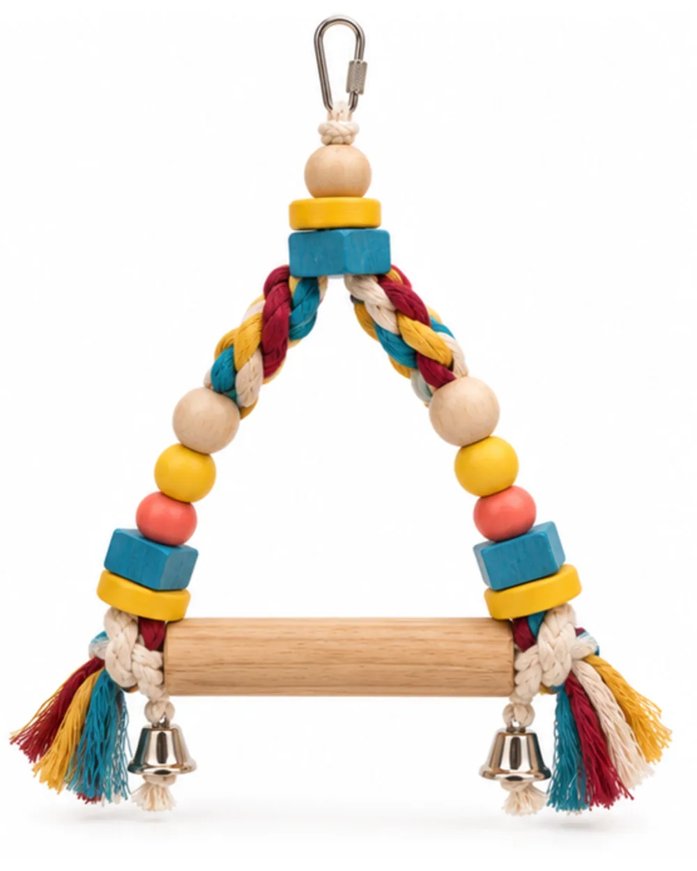 Bird perch swing back view showing the plain hardwood crossbar and beaded rope arms