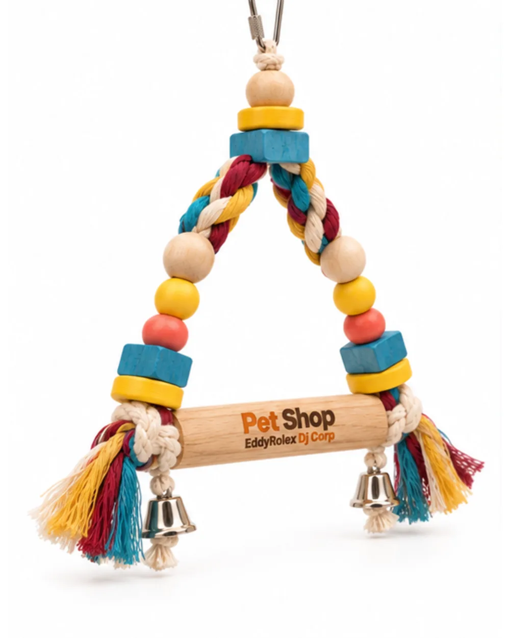 Bird perch swing at an angle showing the bells and frayed rope tassels