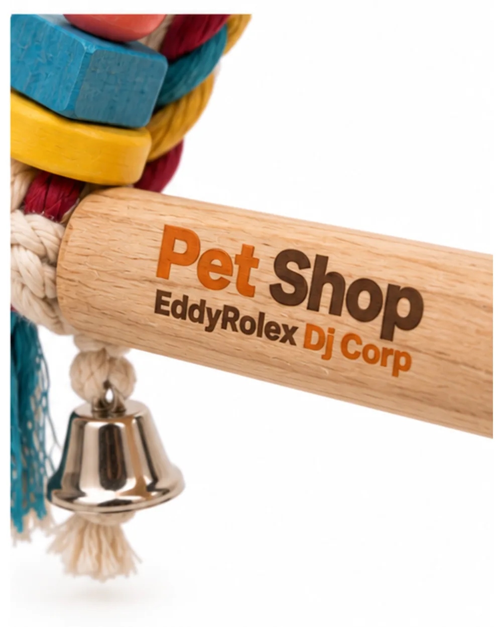 Close-up of the Pet Shop EddyRolex DJ Corp logo engraved into the wooden crossbar