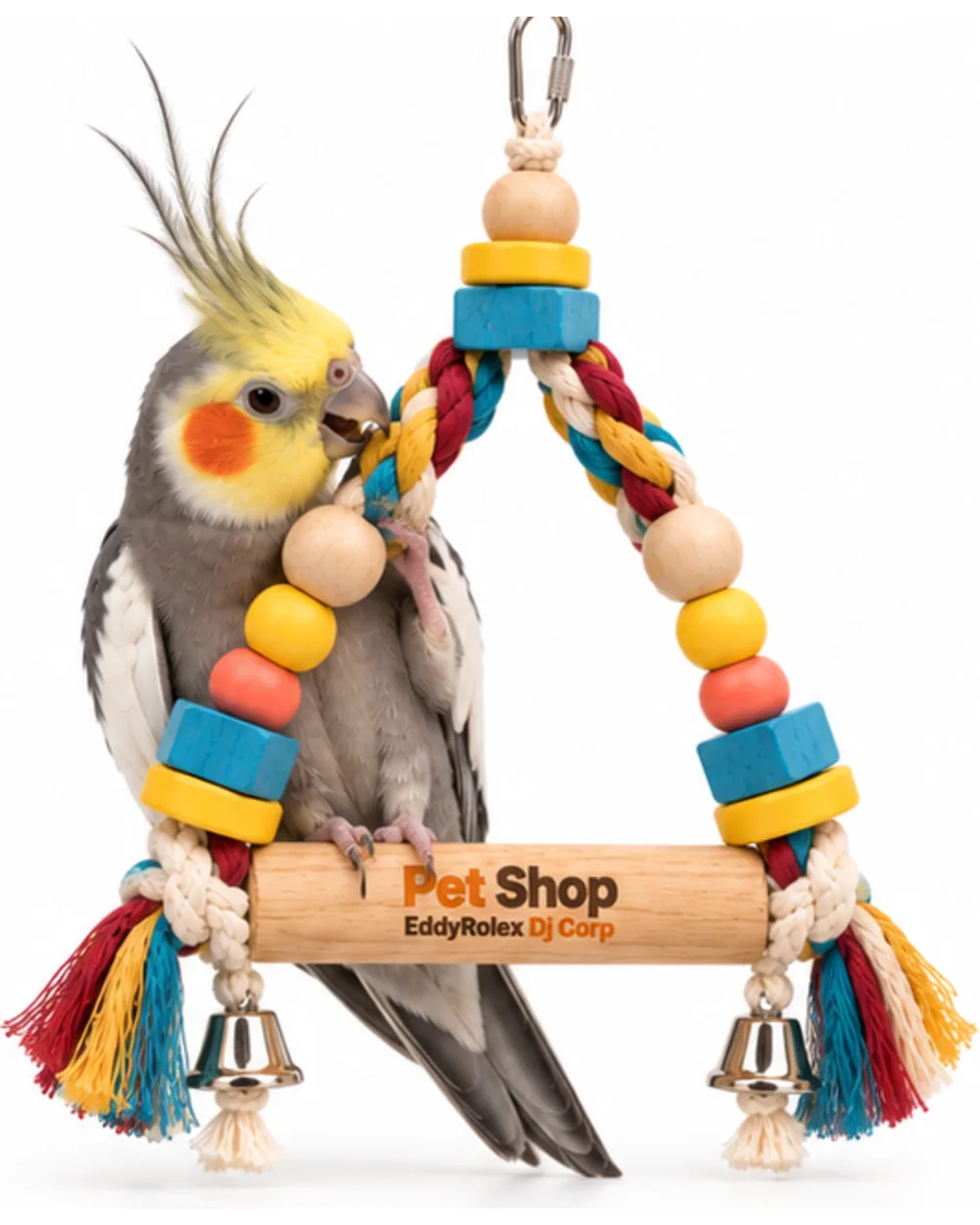 Cockatiel standing on the swing perch and biting a wooden bead