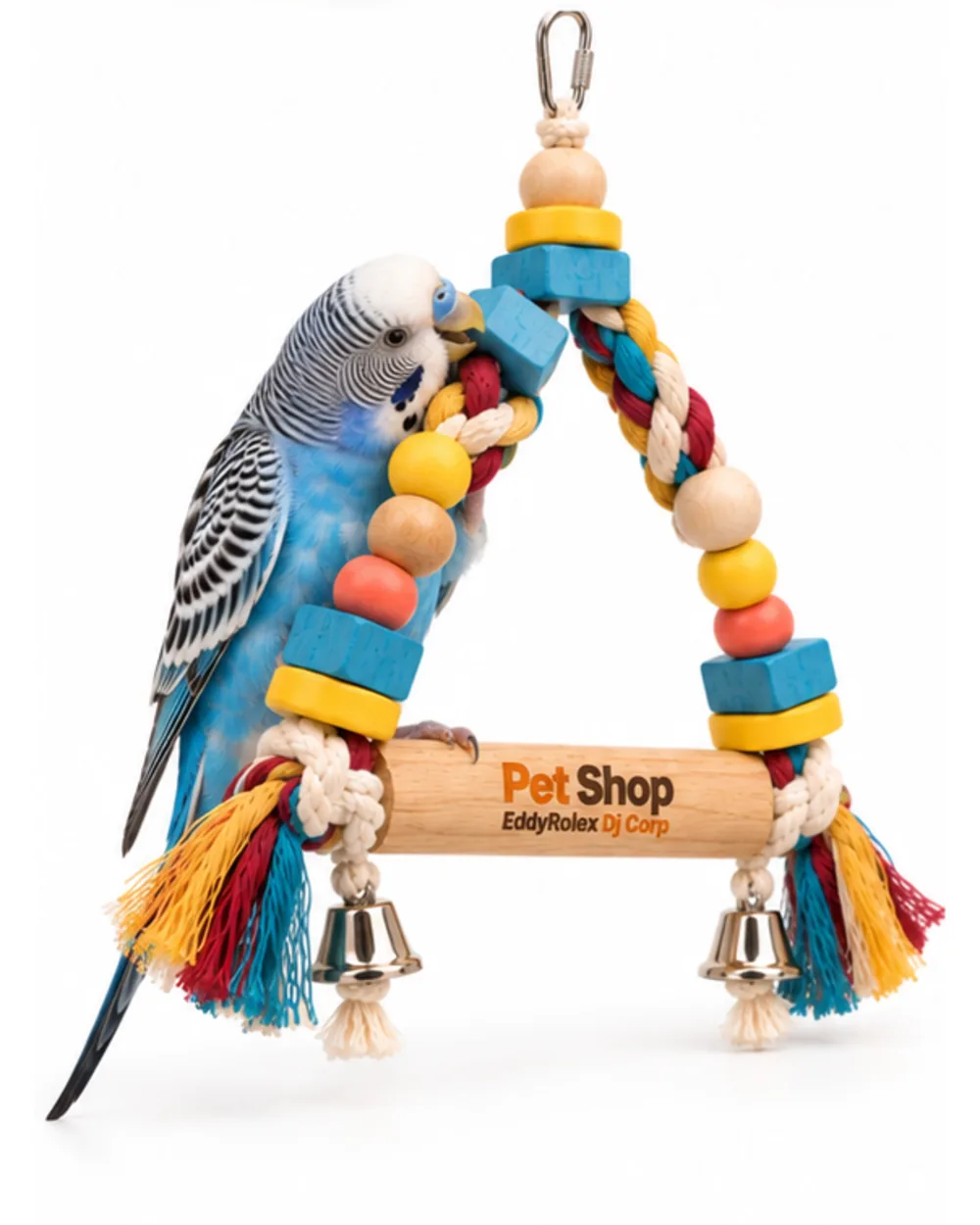 Blue budgie perched on the wooden crossbar of the rope swing