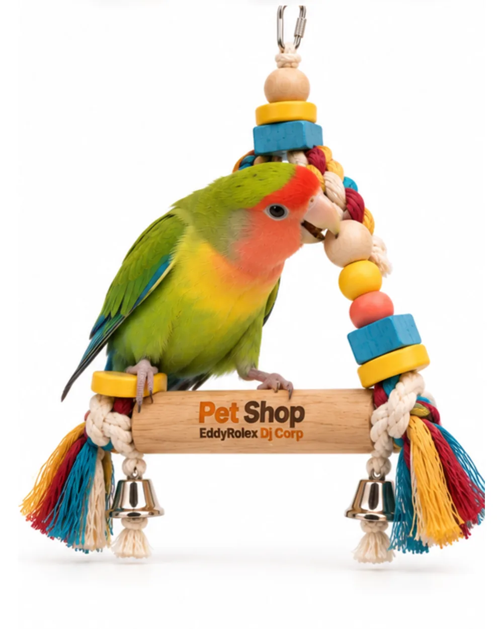 Peach-faced lovebird sitting on the swing perch beside the engraved logo